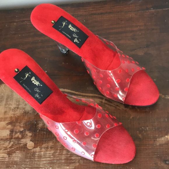 Vintage clear heel Red polka dot slide sandals - Picture 2 of 9